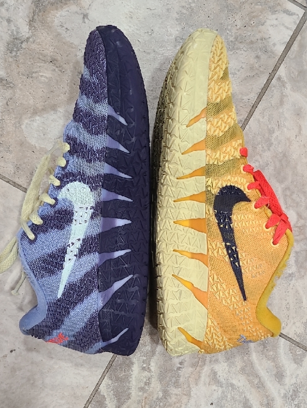 Nike Yellow and Purple Mismatched Running Shoe Pair